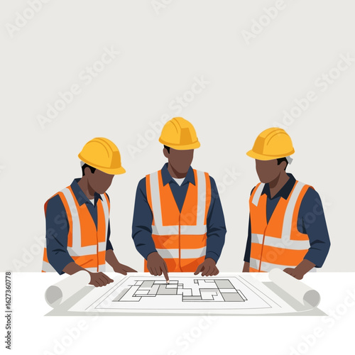 Three construction workers in safety gear review blueprints together, collaborating on a building project in a modern, minimalist style illustration.