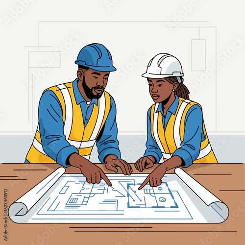 Two African American architects wearing hard hats and safety vests collaborate over blueprints, reviewing construction plans together for a new building project.