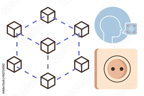 Cubic nodes connected in a network, voice recognition interface, and smart tech device. Ideal for blockchain usage, cybersecurity, connectivity, automation, digital identity, IoT and technology