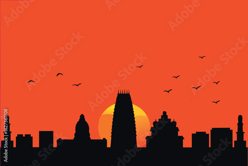 Chennai skyline silhouette with sunset and flying birds