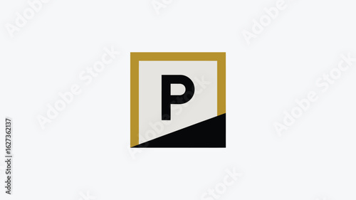 A square sign with a gold border and a black letter p on a white background with a black triangle at bottom