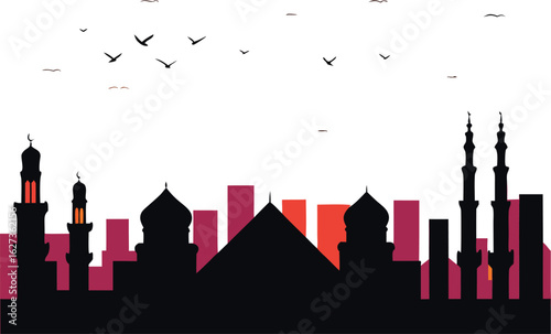 Cairo cityscape silhouette at sunset with flying birds