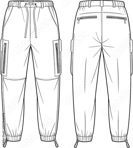 cad drawing flat vector illustration, pants technical sketch, front back view, elastic waistband, zippered pockets, thigh pockets, adjustable cuffs, drawstring, garment design