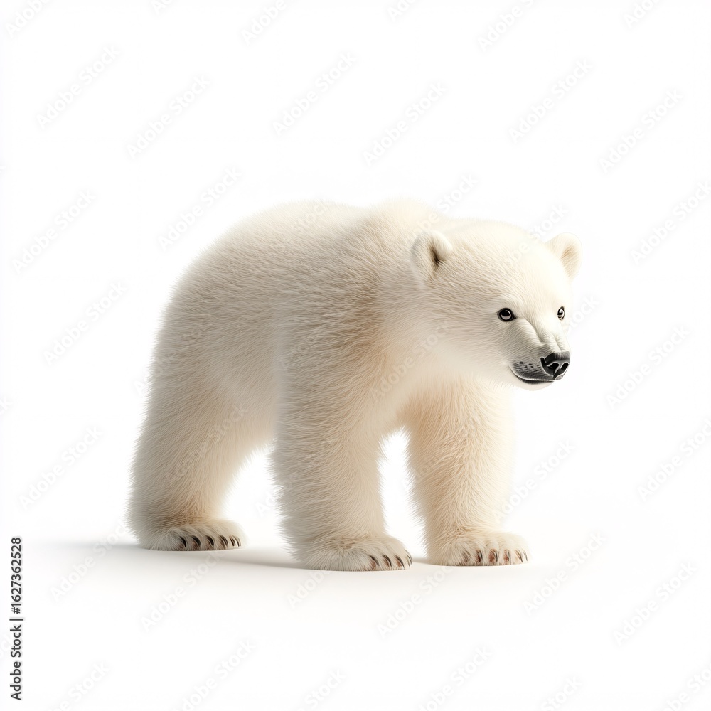 Fototapeta premium Cute Fluffy Cartoon Polar Bear Cub with Tiny Ears Standing Upright