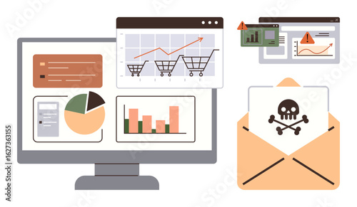 Computer monitor displaying analytics data, charts, and e-commerce summaries. Warnings and malicious email with skull element. Ideal for cybersecurity, e-commerce, analytics, phishing, online safety