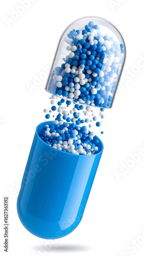 A partially opened blue capsule releasing small white and blue spheres