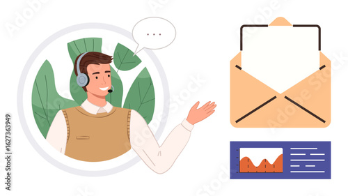 Male support agent wearing a headset gestures warmly, speech bubble above. Adjacent envelope symbolizes email. Below, detailed analytics chart. Ideal for customer service, communication, business