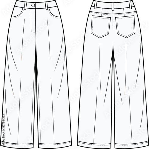 High waist pants, wide leg trousers, front back view, button closure, belt loops, patch pockets, cad drawing, flat vector illustration
