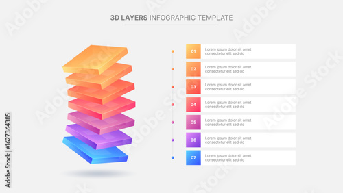 3D Blocks Hierarchy Business Infographic Design Template with 7 Layers