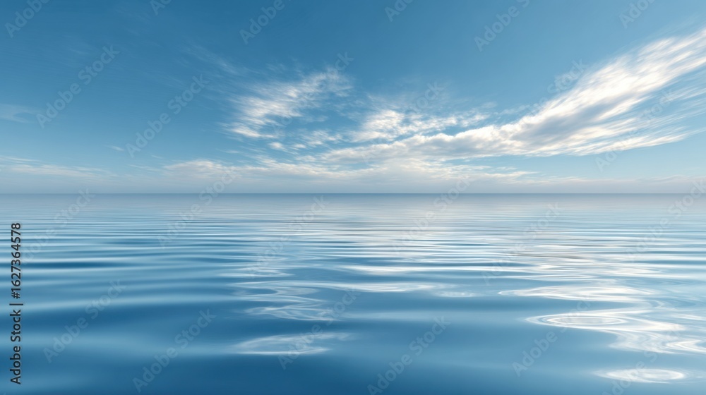 Fototapeta premium A calm and serene ocean with a clear blue sky above. The water is still and peaceful, creating a sense of tranquility and relaxation. The vast expanse of the ocean