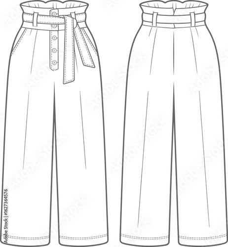 High waisted wide leg pants, paper bag waist, button fly, belt tie, front back view, cad drawing, flat vector illustration