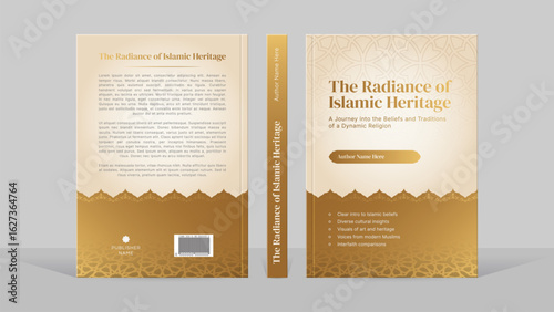 Islamic Style Golden Book Cover Template Design with Arabic Arabesque Pattern Border