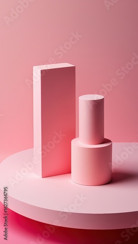 Wallpaper Mural Two pink geometric shapes—a rectangular prism and a cylinder—placed on a matching pink circular base Torontodigital.ca