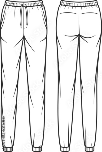 Jogger pants technical drawing, front and back view, flat sketch, CAD illustration, fashion template, garment design, apparel mockup, clothing blueprint, elastic cuffs