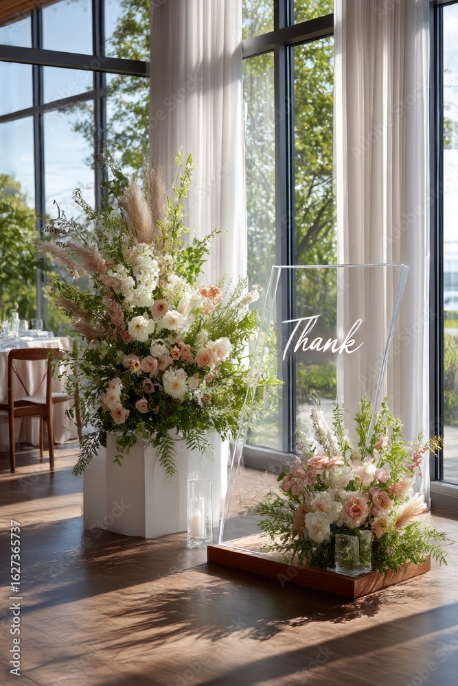 Fototapeta premium Elegant floral arrangements by a large window