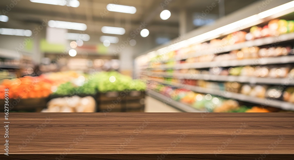 Fototapeta premium Grocery Store Produce Section with Wood Table