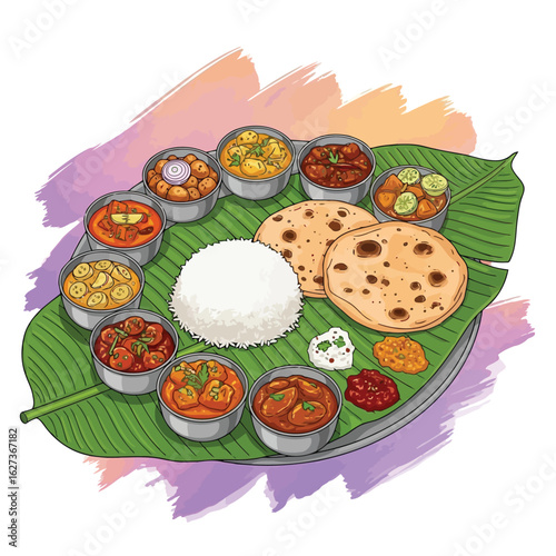 Vector art of vector illustration of a flavorful indian thali featuring a variety of curries rice and breads served on a banana leaf for a traditional meal