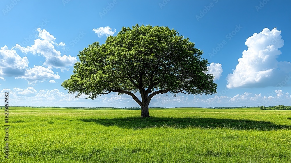 Obraz premium Luminous tree in a vast field under a clear sky.