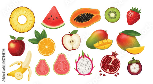 Vector art of vector illustration of a colorful assortment of fresh and delicious tropical fruits offering a healthy and natural source of vitamins