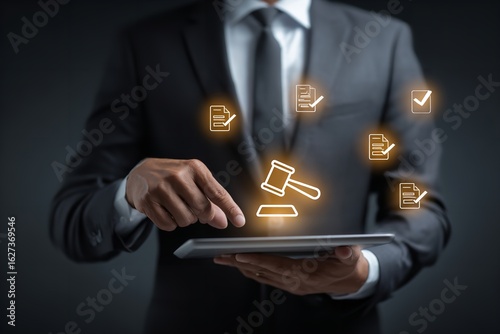 Lawyer using digital tablet to navigate legal documents in a professional setting