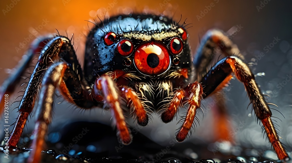 Fototapeta premium Close-up image of a spider with striking red eyes and glistening details