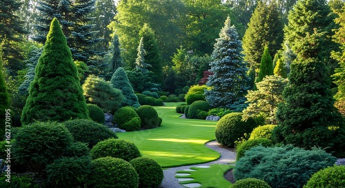 A beautifully landscaped garden with a winding path, lush green grass, and a variety of trees and shrubs.
