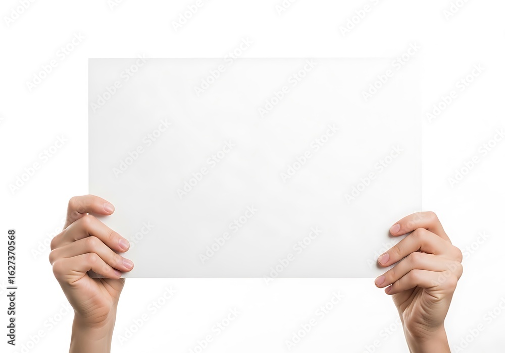 Obraz premium Hands holding a blank white paper sign for message or announcement against a white background