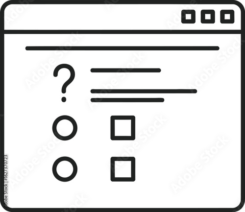 Online form with question mark, checkboxes, and radio buttons, representing a survey, quiz, or evaluation a web page or application interface