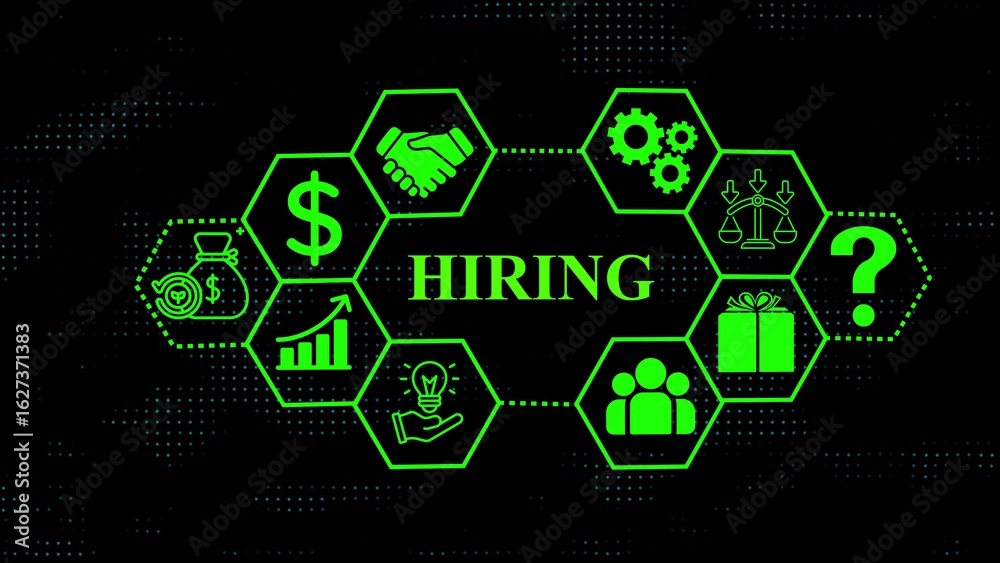 Obraz premium Green hiring process icons and text on black background