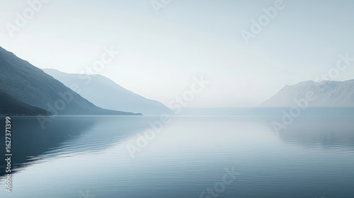 Minimal mountain lake view with calm reflective water and soft mist in blue tones, peaceful nature scene for meditation, solitude, inner peace, and tranquil outdoor environment concepts
