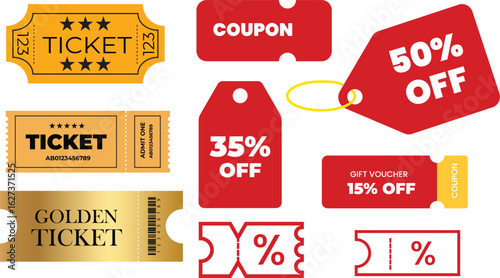 Vector set of colorful tickets, discount coupons, and price tags. Includes golden ticket, percentage labels, and promotional badges. Ideal for sales, events, marketing, and e-commerce visuals.