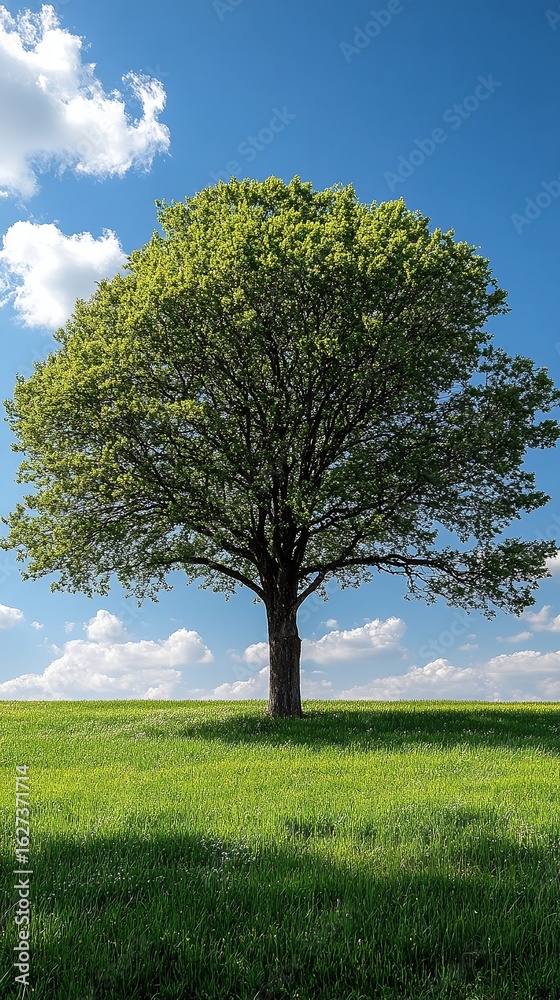 Fototapeta premium Solitary tree stands tall in a grassy field under a vibrant blue sky.