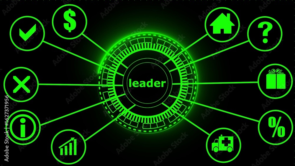 Obraz premium Green neon leader diagram with icons on black background