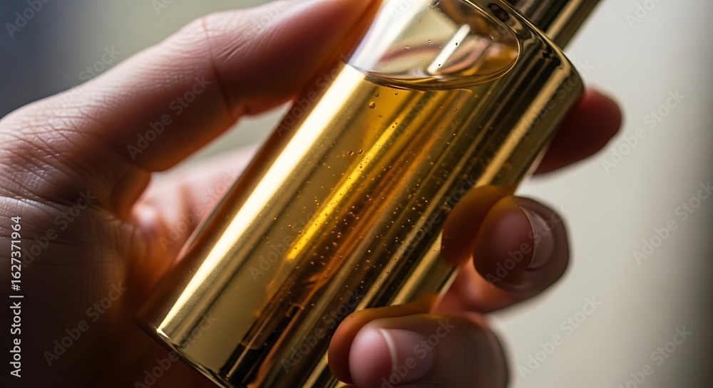 Naklejka premium Golden Bottle Held in Hand with Liquid Inside