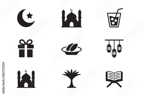 A solid glyph icon set for Ramadan and Islamic culture, showcasing symbols like the mosque, crescent moon, and holy Quran.
