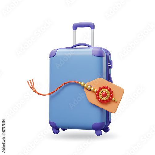 Travel Luggage Decorated with Rakhi for a Festive Trip: A 3D Render of a Suitcase with a Traditional Indian Bracelet