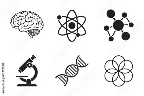 Scientific icons vector set. Line art symbols for biology, chemistry, physics, and neurology like the brain, atom, and dna.