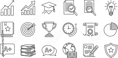 Education and business icons, featuring a graduation cap, books, clock, trophy, graph, chart, speech bubble, light bulb in black outline