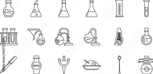 Icons of various laboratory glassware and equipment for scientific research, chemical experiments, and pharmaceutical analysis