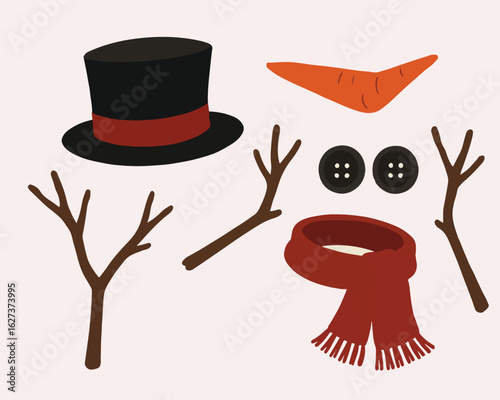 Festive Snowman Parts Illustration With Hat Carrot Scarf And Branches Ready for Holiday Creations and Winter Celebrations