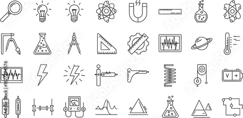 Physics and science icons set featuring a magnifier, light bulb, atom, magnet, flask, molecule, pulley, compass, triangle, gear, wave, planet, thermometer