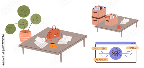 Office desk with papers, organizer boxes, handbag, coffee cup, and indoor plant. Ideal for themes of productivity, organization, creativity, focused work study office setup simple flat metaphor