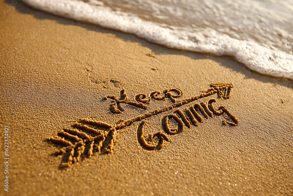 Fototapeta premium Keep Going Written in Wet Beach Sand with Minimalist One-Line Forward Arrow Beside Text and Gentle Ocean Wave for Inspirational and Motivational Theme in Coastal Scene