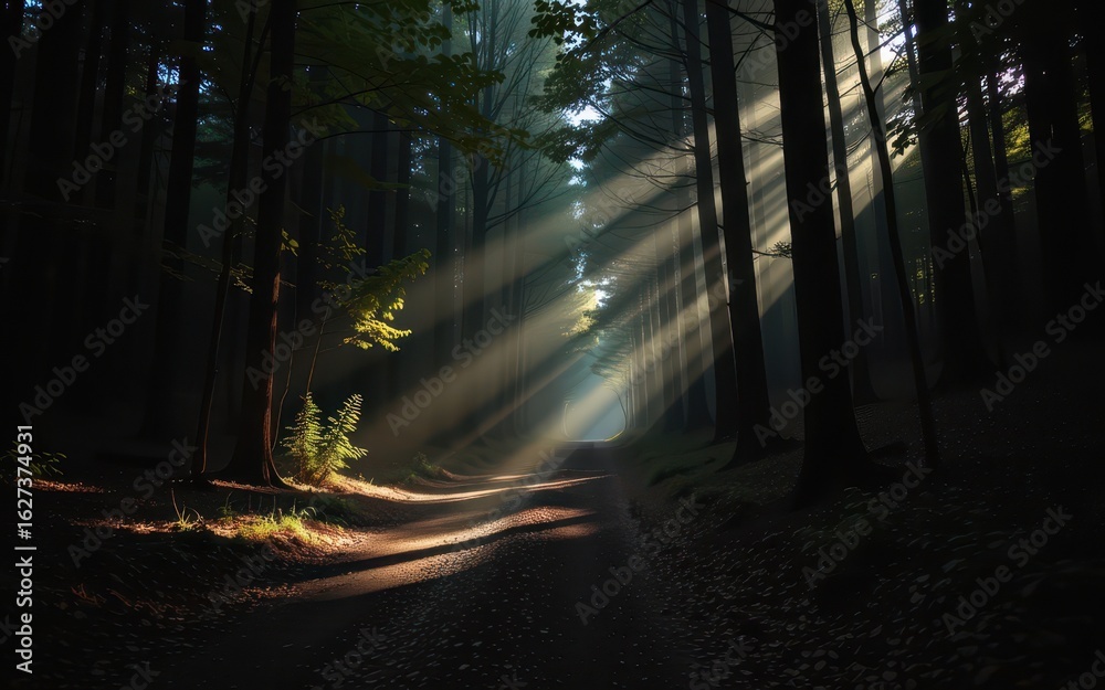 Fototapeta premium Mysterious forest with sunlight streaming through trees.
