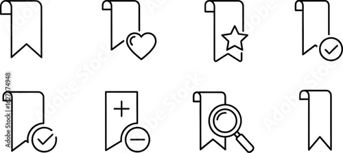 Set of linear icons of bookmarks with different symbols collection of labels with heart, star, plus, minus, magnifier and check marks vector illustration
