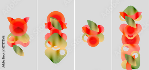 Abstract artwork. Four panels display overlapping colorful shapes, gradients, soft hues. Composition evokes organic forms, fluid movement.