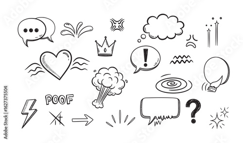 Hand drawn doodle elements collection with speech bubbles hearts and other comic icons
