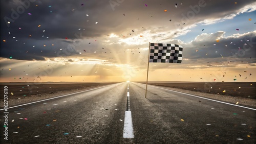 Celebrate success reaching finish line with checkered flag on road achievement and confetti celebration