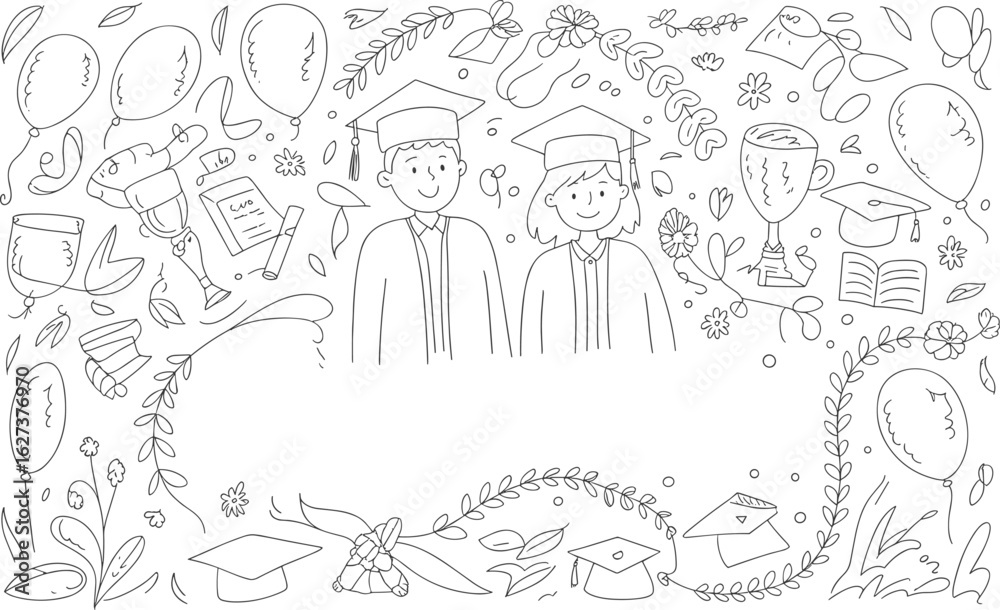 Fototapeta premium Cute graduation characters illustration, joyful students lifestyle scene with diplomas, caps, and celebration elements, perfect for academic success themes