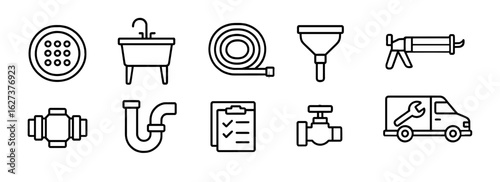 Plumbing line icon set. tools, equipment, repair and maintenance outline icons collection